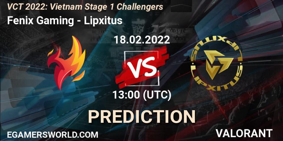 Fenix Gaming vs Lipxitus: Betting TIp, Match Prediction. 18.02.2022 at 13:00. VALORANT, VCT 2022: Vietnam Stage 1 Challengers