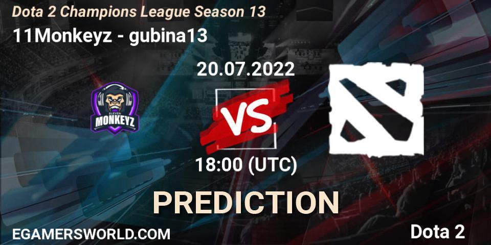 11Monkeyz vs gubina13: Betting TIp, Match Prediction. 20.07.2022 at 18:01. Dota 2, Dota 2 Champions League Season 13