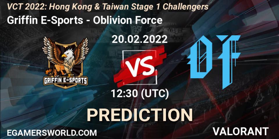 Griffin E-Sports vs Oblivion Force: Betting TIp, Match Prediction. 20.02.2022 at 12:30. VALORANT, VCT 2022: Hong Kong & Taiwan Stage 1 Challengers