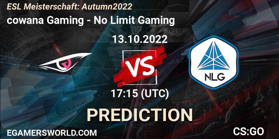 cowana Gaming vs No Limit Gaming: Betting TIp, Match Prediction. 13.10.2022 at 17:15. Counter-Strike (CS2), ESL Meisterschaft: Autumn 2022