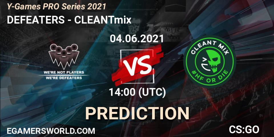 DEFEATERS vs CLEANTmix: Betting TIp, Match Prediction. 04.06.2021 at 14:00. Counter-Strike (CS2), Y-Games PRO Series 2021
