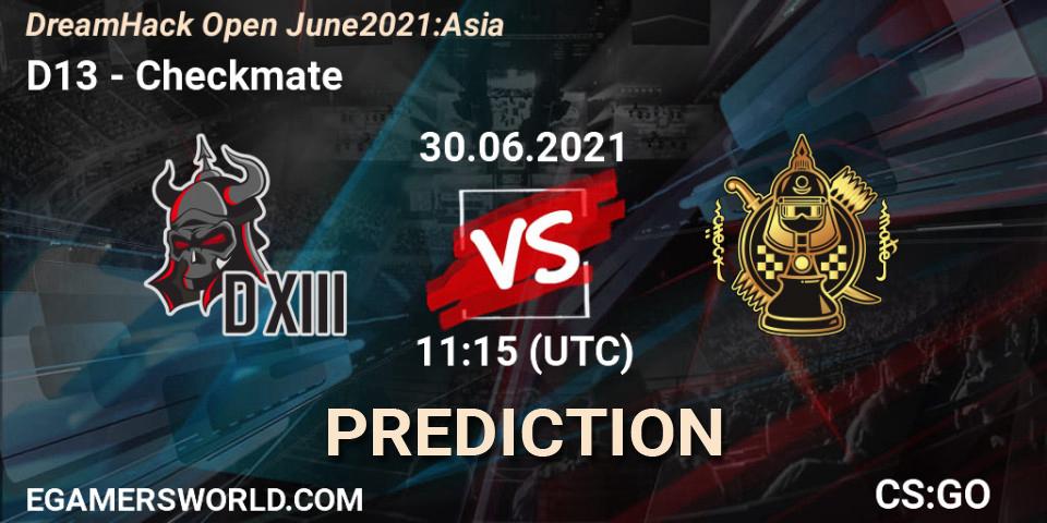 D13 vs Checkmate: Betting TIp, Match Prediction. 30.06.2021 at 11:15. Counter-Strike (CS2), DreamHack Open June 2021: Asia