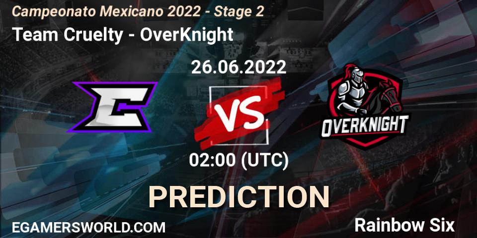 Team Cruelty vs OverKnight: Betting TIp, Match Prediction. 26.06.2022 at 02:00. Rainbow Six, Campeonato Mexicano 2022 - Stage 2