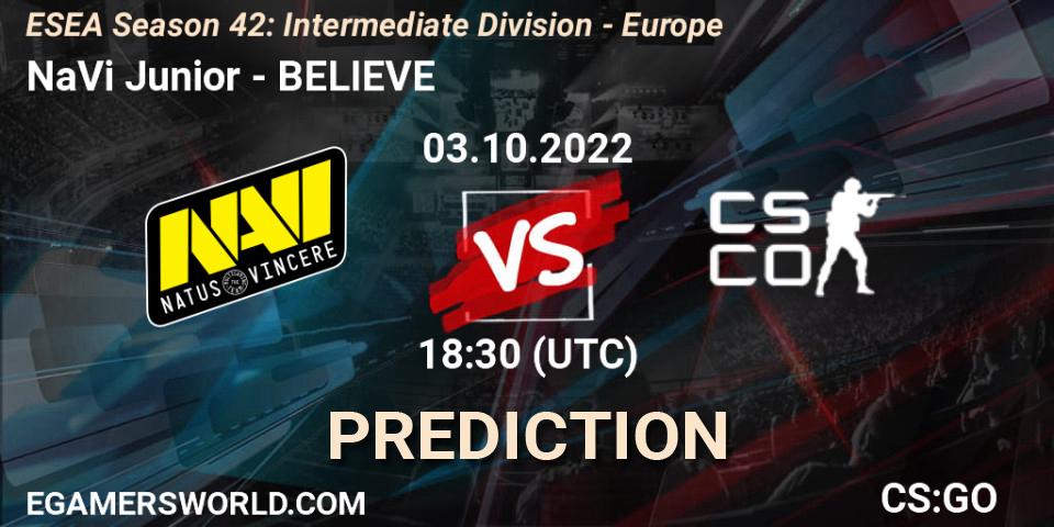 NaVi Junior vs BELIEVE: Betting TIp, Match Prediction. 03.10.2022 at 17:00. Counter-Strike (CS2), ESEA Season 42: Intermediate Division - Europe