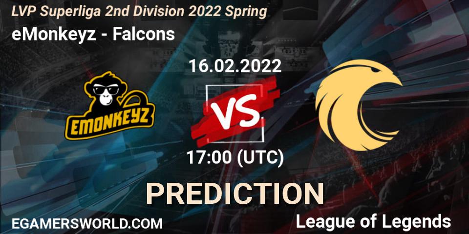 eMonkeyz vs Falcons: Betting TIp, Match Prediction. 16.02.22. LoL, LVP Superliga 2nd Division 2022 Spring