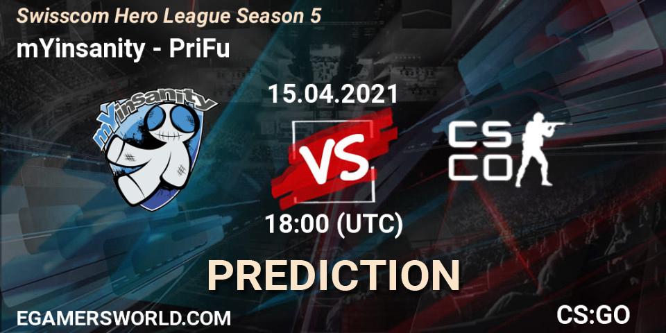 mYinsanity vs PriFu: Betting TIp, Match Prediction. 15.04.2021 at 18:00. Counter-Strike (CS2), Swisscom Hero League Season 5