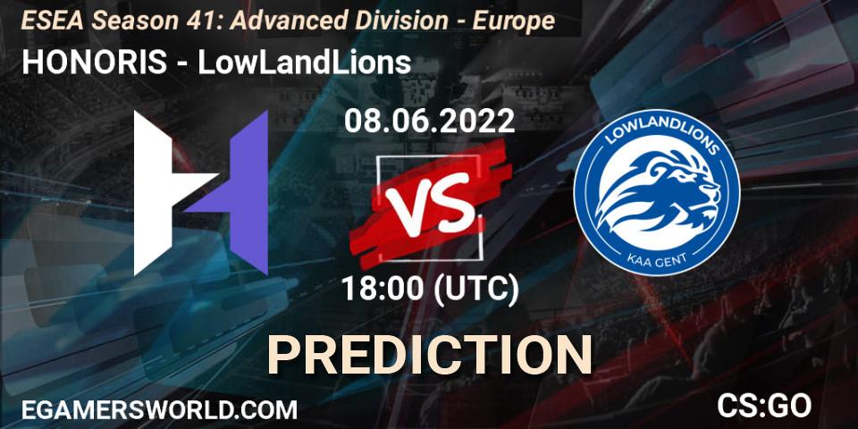 HONORIS vs LowLandLions: Betting TIp, Match Prediction. 08.06.2022 at 18:00. Counter-Strike (CS2), ESEA Season 41: Advanced Division - Europe