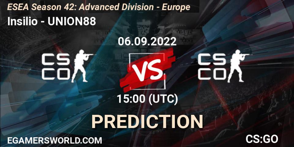 Insilio vs UNION88: Betting TIp, Match Prediction. 06.09.2022 at 15:00. Counter-Strike (CS2), ESEA Season 42: Advanced Division - Europe