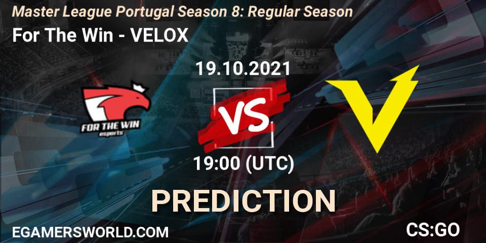 For The Win vs VELOX: Betting TIp, Match Prediction. 19.10.2021 at 19:00. Counter-Strike (CS2), Master League Portugal Season 8: Regular Season