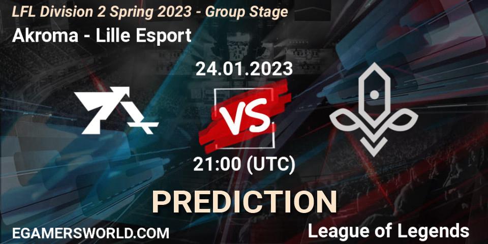 Akroma vs Lille Esport: Betting TIp, Match Prediction. 24.01.2023 at 21:15. LoL, LFL Division 2 Spring 2023 - Group Stage