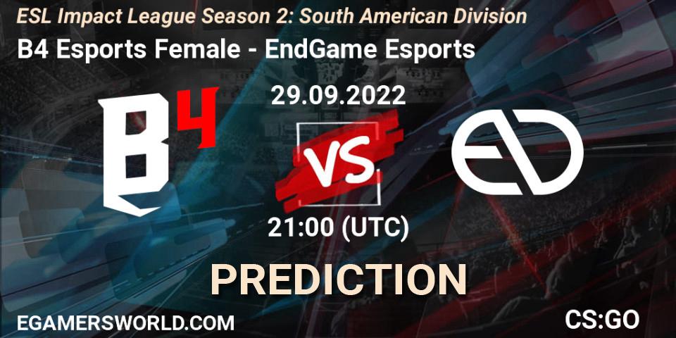 B4 Esports Female vs EndGame Esports: Betting TIp, Match Prediction. 29.09.2022 at 21:00. Counter-Strike (CS2), ESL Impact League Season 2: South American Division