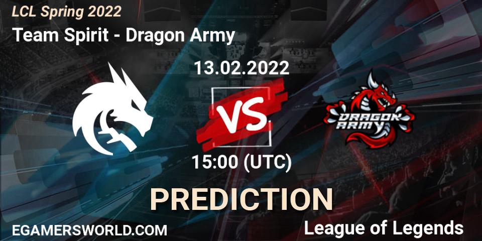 Team Spirit vs Dragon Army: Betting TIp, Match Prediction. 13.02.22. LoL, LCL Spring 2022