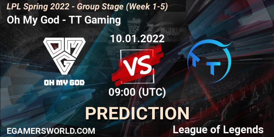 Oh My God vs TT Gaming: Betting TIp, Match Prediction. 10.01.2022 at 09:00. LoL, LPL Spring 2022 - Group Stage (Week 1-5)