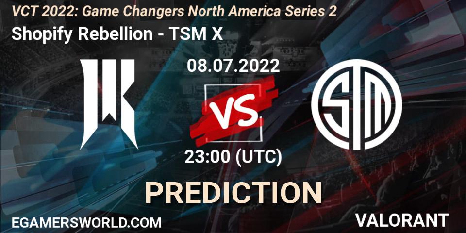 Shopify Rebellion vs TSM X: Betting TIp, Match Prediction. 08.07.2022 at 22:30. VALORANT, VCT 2022: Game Changers North America Series 2
