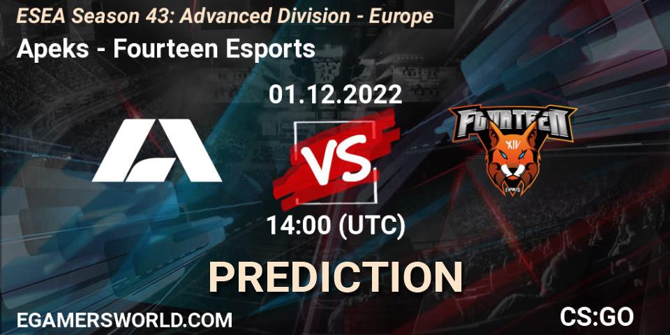 Apeks vs Fourteen Esports: Betting TIp, Match Prediction. 01.12.22. CS2 (CS:GO), ESEA Season 43: Advanced Division - Europe