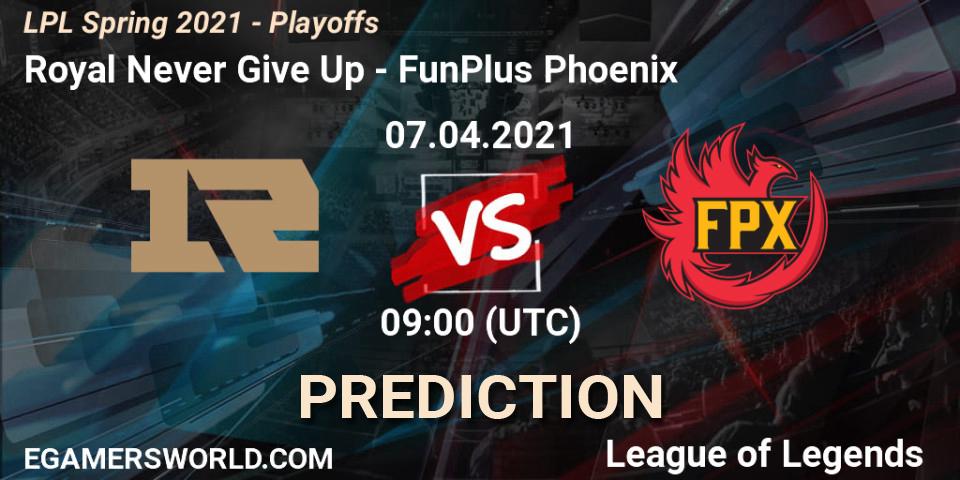Royal Never Give Up vs FunPlus Phoenix: Betting TIp, Match Prediction. 07.04.2021 at 09:00. LoL, LPL Spring 2021 - Playoffs