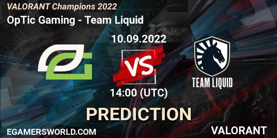 OpTic Gaming vs Team Liquid: Betting TIp, Match Prediction. 10.09.2022 at 14:15. VALORANT, VALORANT Champions 2022