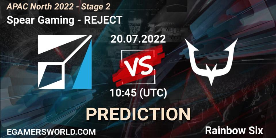 Spear Gaming vs REJECT: Betting TIp, Match Prediction. 20.07.2022 at 10:45. Rainbow Six, APAC North 2022 - Stage 2