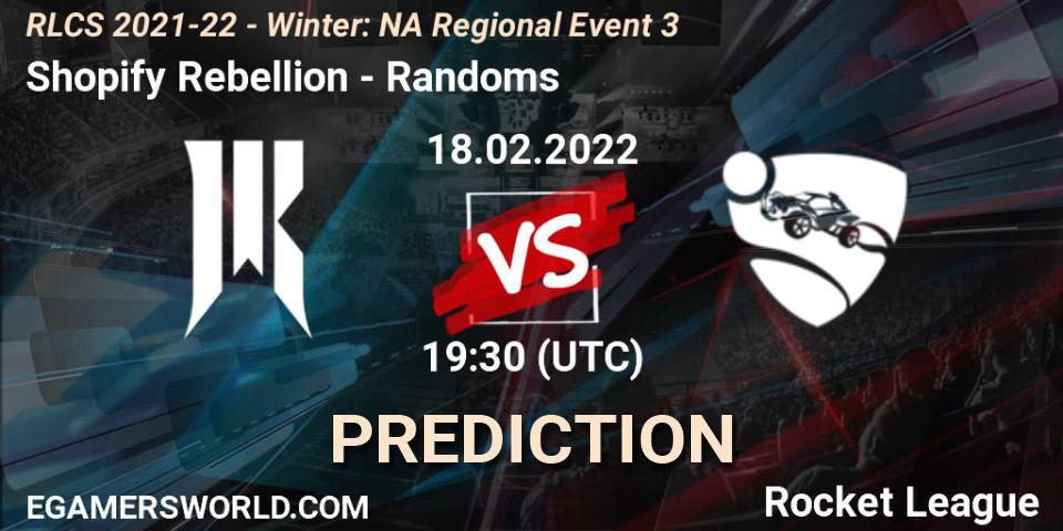 Shopify Rebellion vs Randoms: Betting TIp, Match Prediction. 18.02.2022 at 19:30. Rocket League, RLCS 2021-22 - Winter: NA Regional Event 3