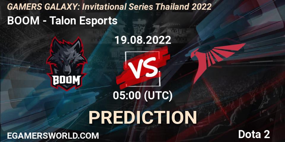 BOOM vs Talon Esports: Betting TIp, Match Prediction. 19.08.2022 at 05:45. Dota 2, GAMERS GALAXY: Invitational Series Thailand 2022