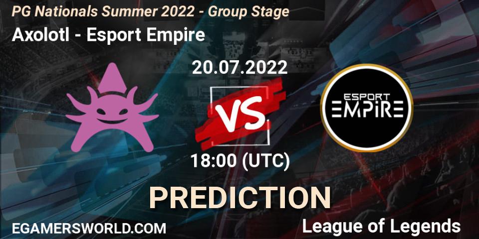 Axolotl vs Esport Empire: Betting TIp, Match Prediction. 20.07.2022 at 18:00. LoL, PG Nationals Summer 2022 - Group Stage