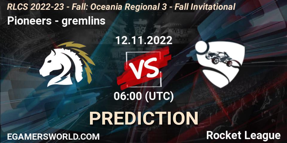 Pioneers vs gremlins: Betting TIp, Match Prediction. 12.11.2022 at 06:00. Rocket League, RLCS 2022-23 - Fall: Oceania Regional 3 - Fall Invitational