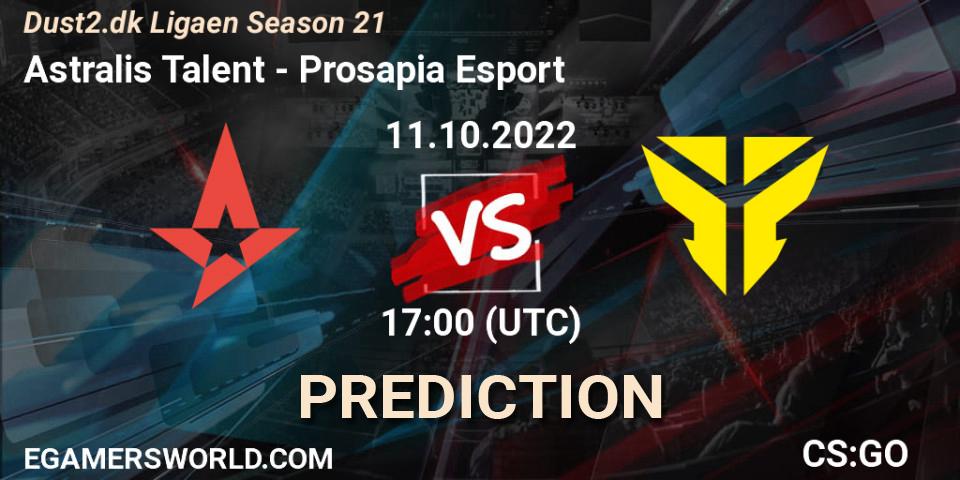 Astralis Talent vs Prosapia Esport: Betting TIp, Match Prediction. 11.10.2022 at 17:00. Counter-Strike (CS2), Dust2.dk Ligaen Season 21