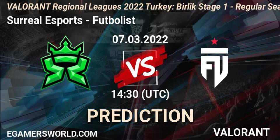 Surreal Esports vs Futbolist: Betting TIp, Match Prediction. 07.03.2022 at 14:40. VALORANT, VALORANT Regional Leagues 2022 Turkey: Birlik Stage 1 - Regular Season