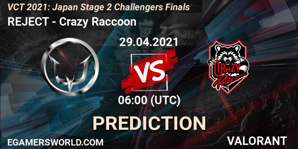 REJECT vs Crazy Raccoon: Betting TIp, Match Prediction. 29.04.2021 at 06:20. VALORANT, VCT 2021: Japan Stage 2 Challengers Finals