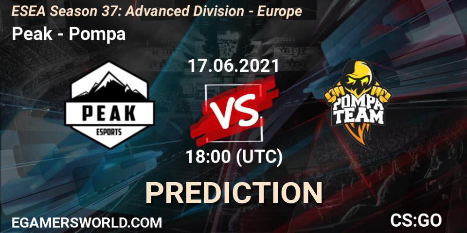 Peak vs Pompa: Betting TIp, Match Prediction. 17.06.2021 at 18:00. Counter-Strike (CS2), ESEA Season 37: Advanced Division - Europe
