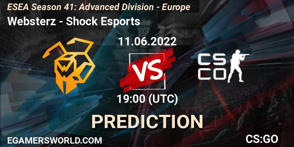 Websterz vs Shock Esports: Betting TIp, Match Prediction. 11.06.2022 at 19:00. Counter-Strike (CS2), ESEA Season 41: Advanced Division - Europe