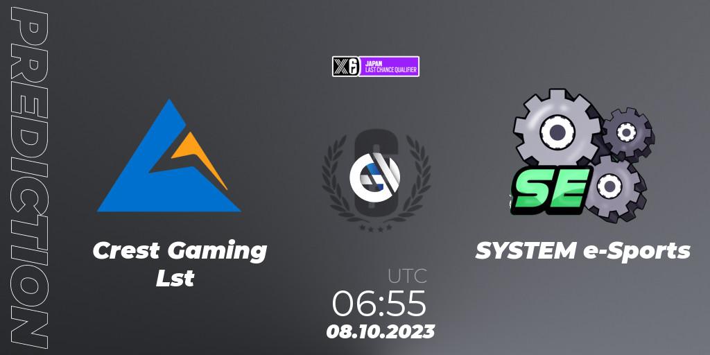 Crest Gaming Lst vs SYSTEM e-Sports: Betting TIp, Match Prediction. 08.10.2023 at 06:55. Rainbow Six, Japan League 2023 - Stage 2 - Last Chance Qualifiers