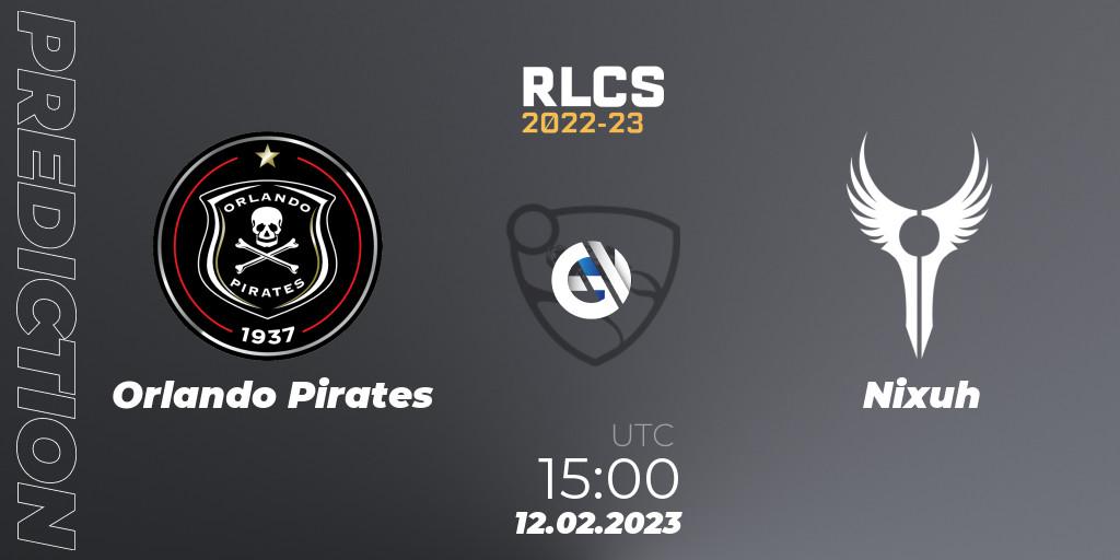 Orlando Pirates vs Nixuh: Betting TIp, Match Prediction. 12.02.2023 at 15:00. Rocket League, RLCS 2022-23 - Winter: Sub-Saharan Africa Regional 2 - Winter Cup