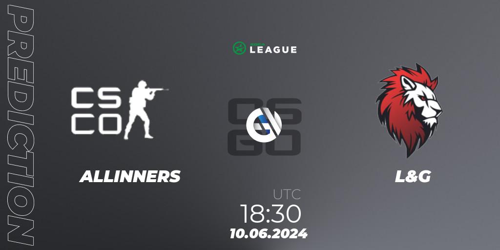 ALLINNERS vs L&G: Betting TIp, Match Prediction. 10.06.2024 at 18:30. Counter-Strike (CS2), ESEA Season 49: Main Division - Europe