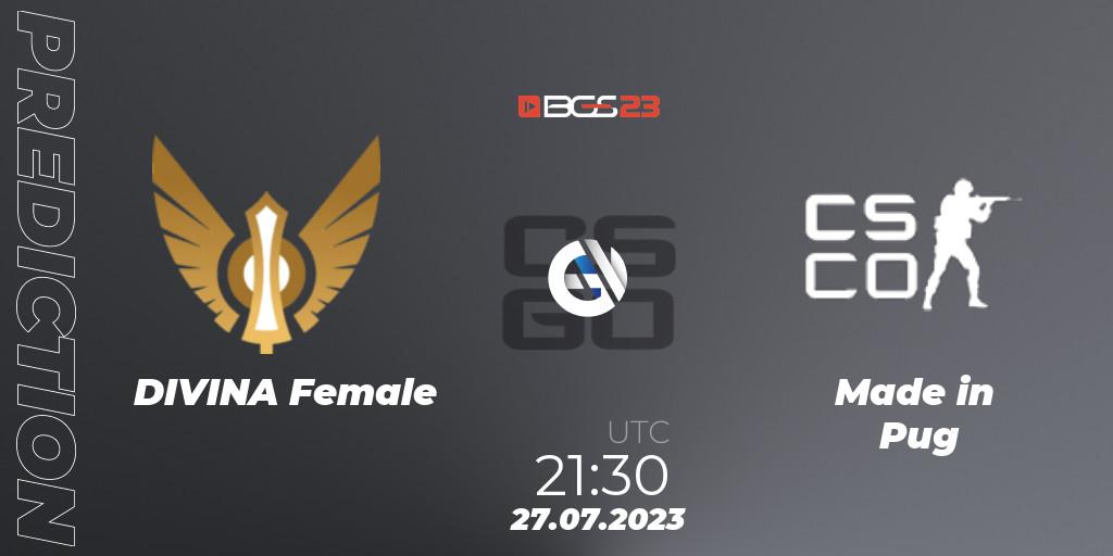 DIVINA Female vs Made in Pug: Betting TIp, Match Prediction. 27.07.2023 at 21:30. Counter-Strike (CS2), BGS Esports 2023 Female: Online Stage