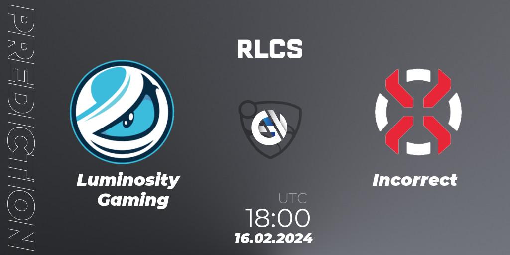 Luminosity Gaming vs Incorrect: Betting TIp, Match Prediction. 16.02.24. Rocket League, RLCS 2024 - Major 1: North America Open Qualifier 2