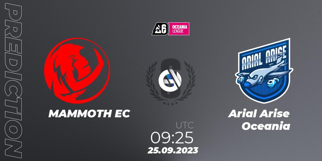 MAMMOTH EC vs Arial Arise Oceania: Betting TIp, Match Prediction. 25.09.2023 at 09:25. Rainbow Six, Oceania League 2023 - Stage 2