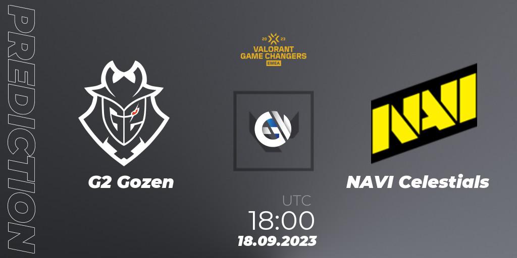 G2 Gozen vs NAVI Celestials: Betting TIp, Match Prediction. 18.09.2023 at 18:00. VALORANT, VCT 2023: Game Changers EMEA Stage 3 - Group Stage