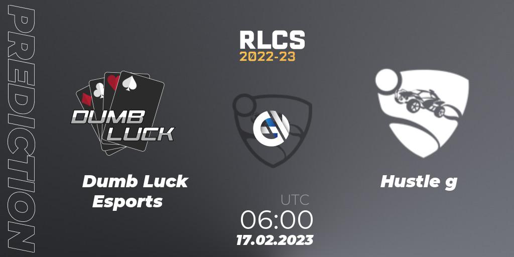 Dumb Luck Esports vs Hustle g: Betting TIp, Match Prediction. 17.02.2023 at 06:00. Rocket League, RLCS 2022-23 - Winter: Oceania Regional 2 - Winter Cup