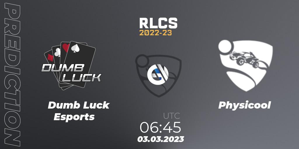 Dumb Luck Esports vs Physicool: Betting TIp, Match Prediction. 03.03.2023 at 06:45. Rocket League, RLCS 2022-23 - Winter: Oceania Regional 3 - Winter Invitational