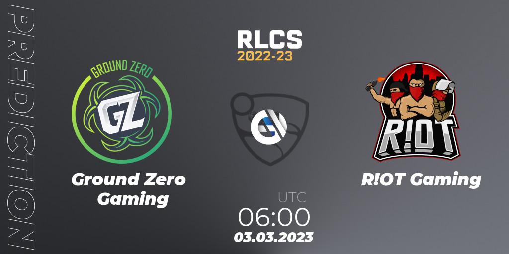 Ground Zero Gaming vs R!OT Gaming: Betting TIp, Match Prediction. 03.03.2023 at 06:00. Rocket League, RLCS 2022-23 - Winter: Oceania Regional 3 - Winter Invitational