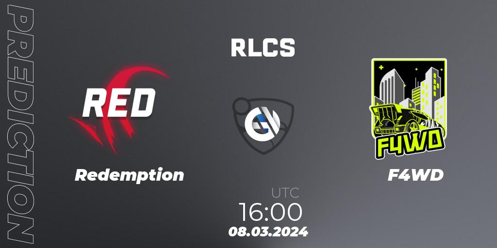 Redemption vs F4WD: Betting TIp, Match Prediction. 08.03.2024 at 16:00. Rocket League, RLCS 2024 - Major 1: Europe Open Qualifier 3