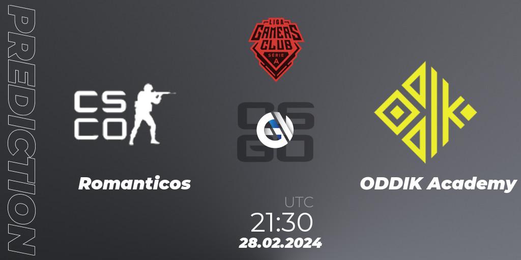 Romanticos vs ODDIK Academy: Betting TIp, Match Prediction. 28.02.2024 at 21:30. Counter-Strike (CS2), Gamers Club Liga Série A: February 2024