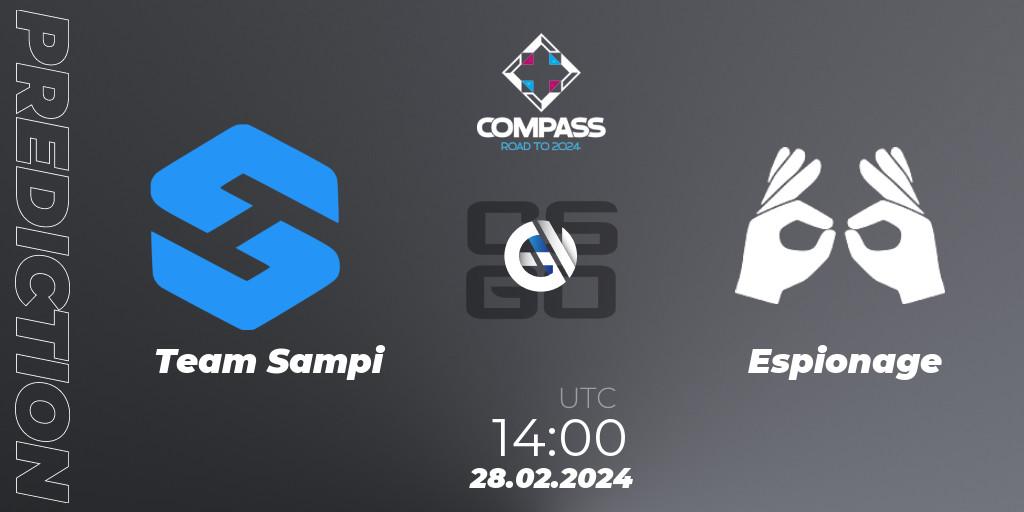 Team Sampi vs Espionage: Betting TIp, Match Prediction. 28.02.2024 at 14:00. Counter-Strike (CS2), YaLLa Compass Spring 2024 Contenders