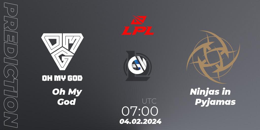 Oh My God vs Ninjas in Pyjamas: Betting TIp, Match Prediction. 04.02.2024 at 07:00. LoL, LPL Spring 2024 - Group Stage