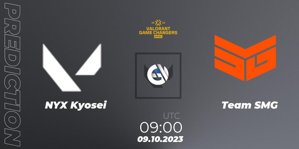 NYX Kyosei vs Team SMG: Betting TIp, Match Prediction. 09.10.2023 at 09:00. VALORANT, VCT 2023: Game Changers APAC Elite
