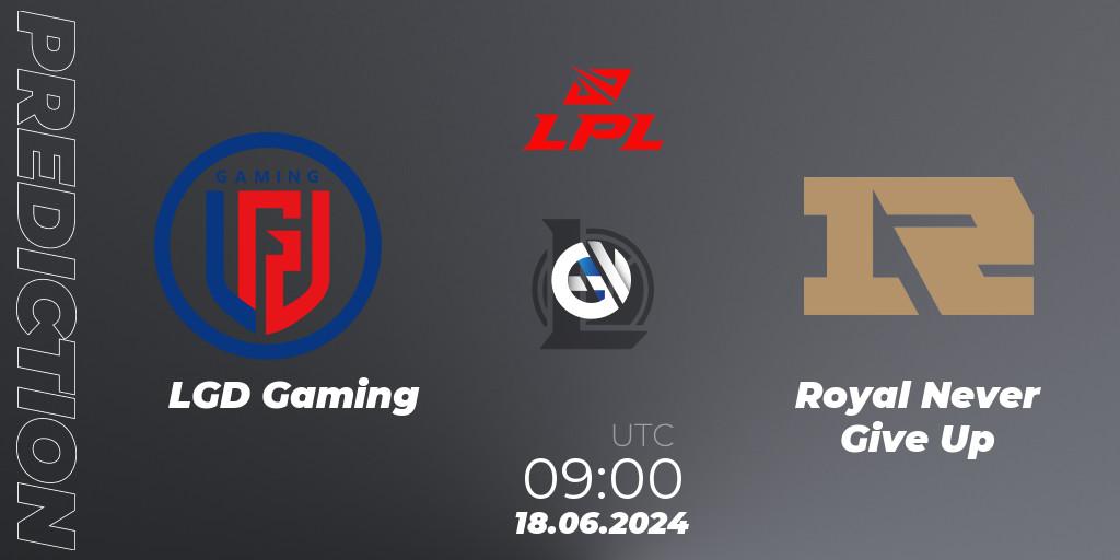 LGD Gaming vs Royal Never Give Up: Betting TIp, Match Prediction. 18.06.2024 at 09:00. LoL, LPL 2024 Summer - Group Stage
