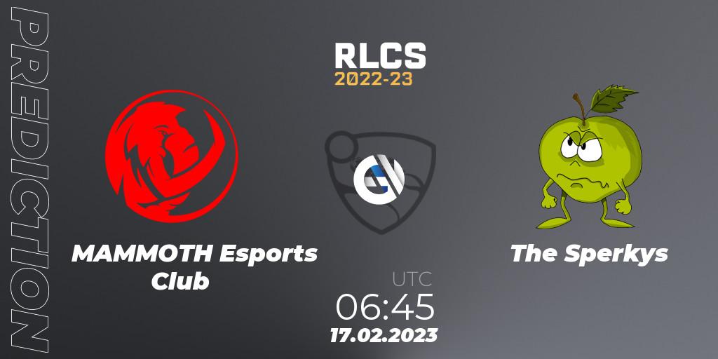 MAMMOTH Esports Club vs The Sperkys: Betting TIp, Match Prediction. 17.02.2023 at 06:45. Rocket League, RLCS 2022-23 - Winter: Oceania Regional 2 - Winter Cup