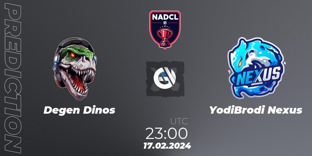 Degen Dinos vs YodiBrodi Nexus: Betting TIp, Match Prediction. 17.02.2024 at 23:00. Dota 2, North American Dota Challengers League Season 6 Division 1