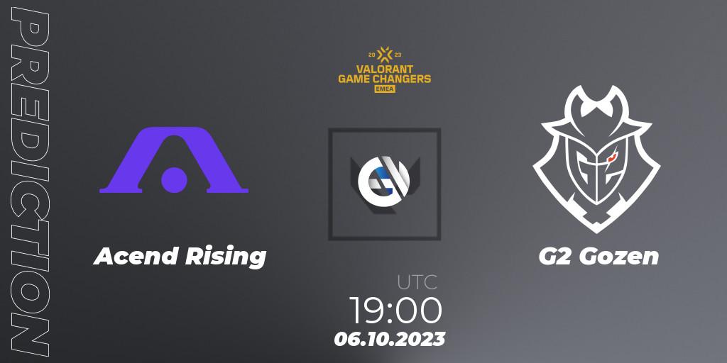 Acend Rising vs G2 Gozen: Betting TIp, Match Prediction. 06.10.2023 at 18:10. VALORANT, VCT 2023: Game Changers EMEA Stage 3 - Playoffs